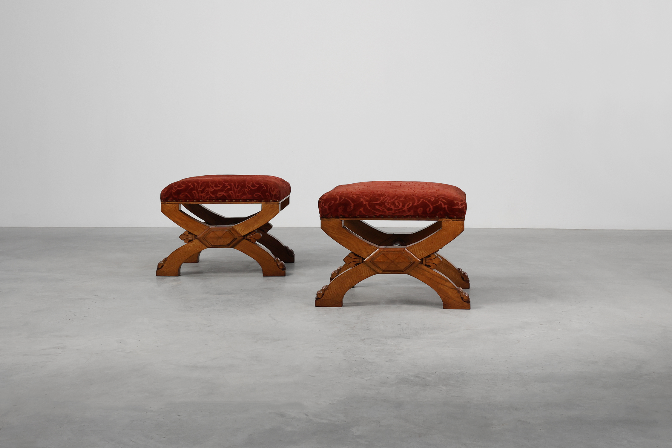 Pair of Flemish Gothic Revival Oak Footstools, Belgium, 19th Centurythumbnail